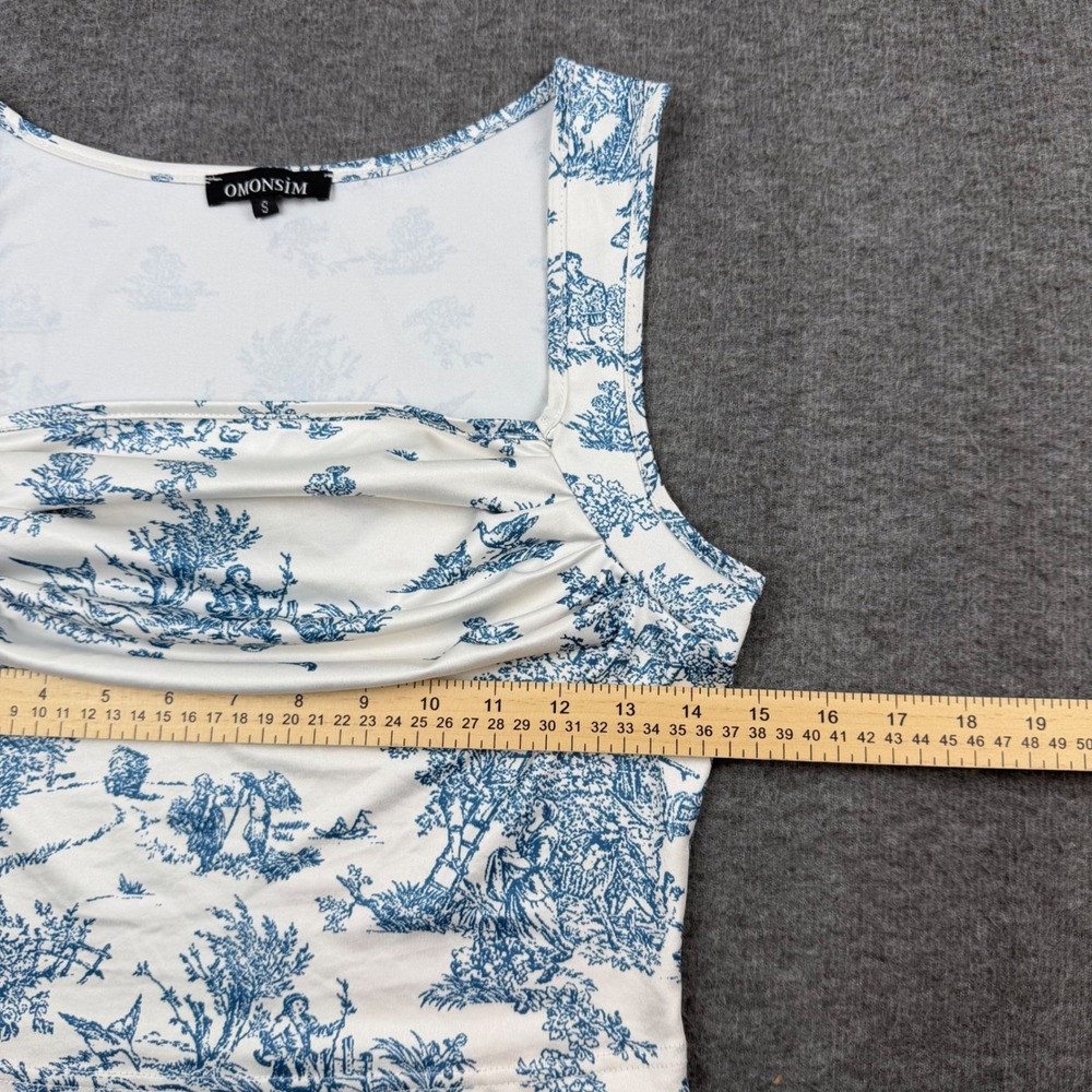 Omonsim‎ Tank Top Womens Small Blue White Toile De Jouy Ruched Crop Top - Picture 4 of 5